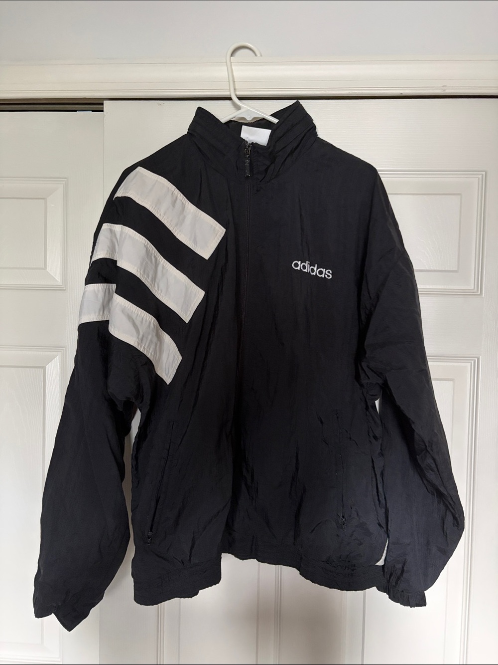 Vintage 1994 adidas Black Windbreaker Jacket with White Stripes RARE FIND